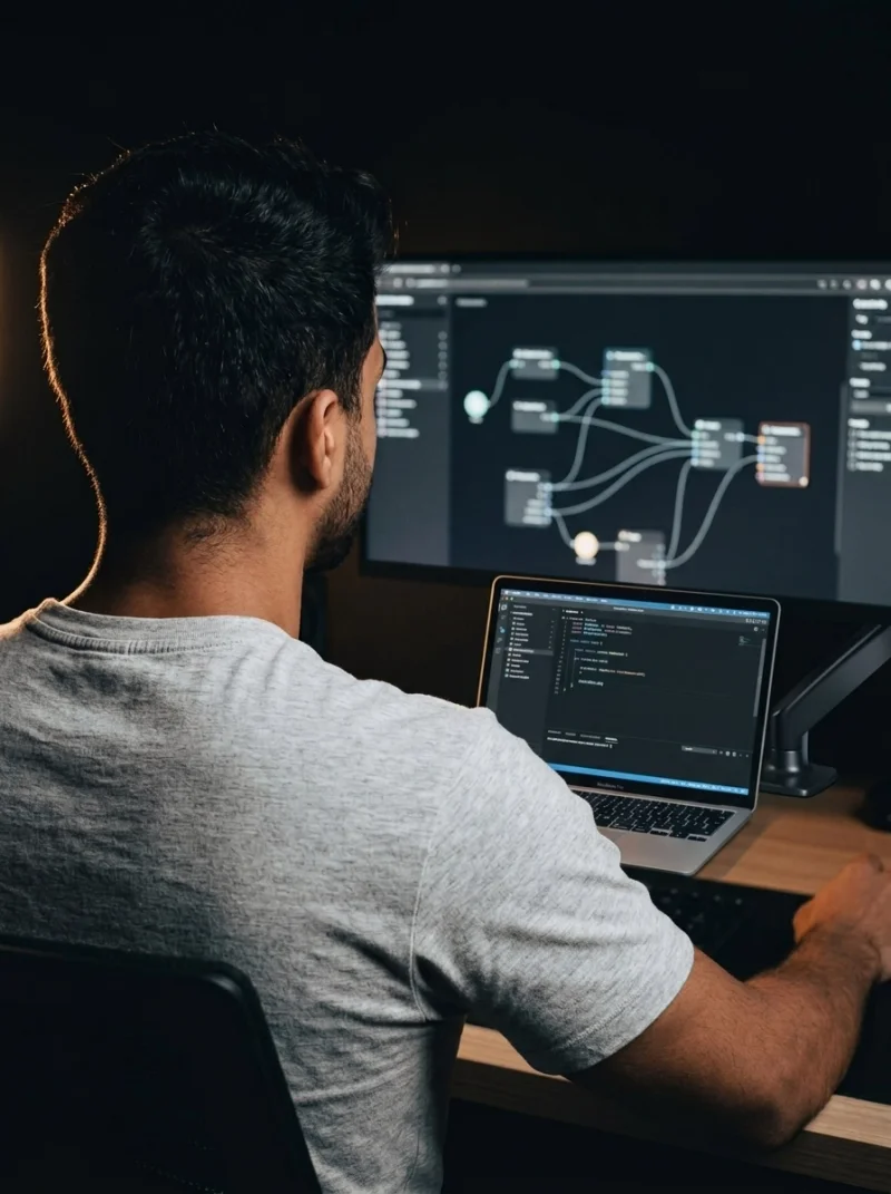 Erick trabalhando em um fluxo de automação no computador